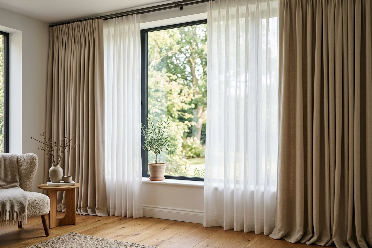 Living Room with Custom S-Fold Curtains by SIM Curtain
